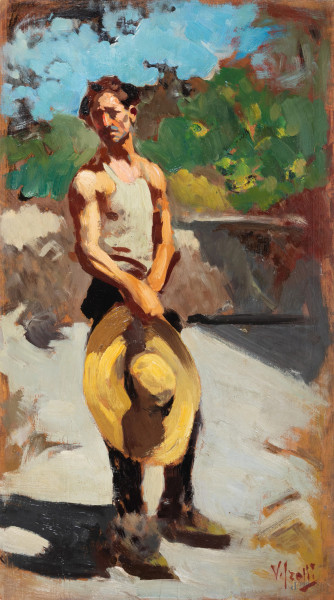 Lavoratore al sole, XX secolo, olio su tavoletta, cm 57x32, firmato in basso a destra