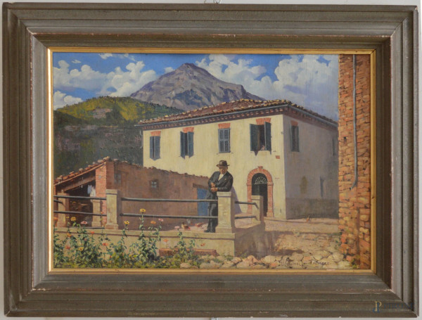 Scorcio di case con figura su sfondo montagna, olio su legno 46x30 cm, entro cornice firmato.