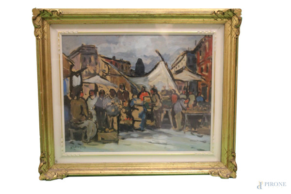 Campo de Fiori, mercato, olio su tavola, 55x45 cm, entro cornice
