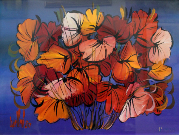 Fiori di primavera a Perugia, olio su tela, 50x70 cm, entro cornice, firmato Castellani 