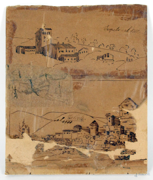 Bozzetti raffiguranti paesaggi toscani ed uno spaccalegna, china su carta velina applicata su cartone, cm.18x15, inizi XX secolo, (difetti).