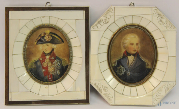 Lotto di due miniature a soggetti di Lorl Nelson in cornici in avorio