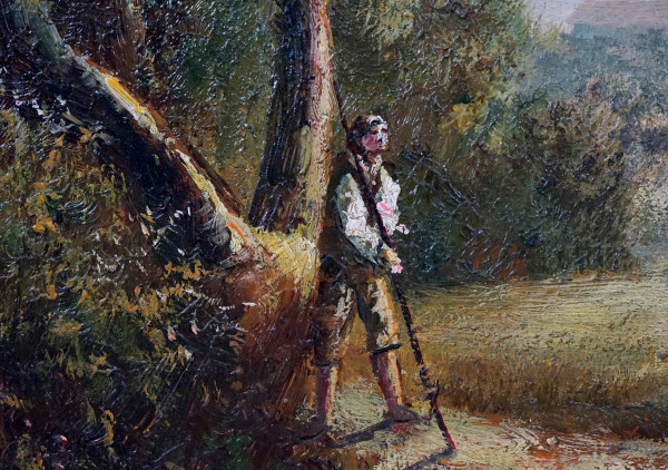 Paesaggio con figure, olio su tavola, firmato, cm 44x73, entro cornice