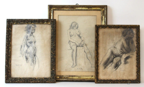 Lotto di tre disegni raffiguranti nudi di donne, matita su carta, misure max cm 36,5x27, firmati, entro cornici, (difetti).