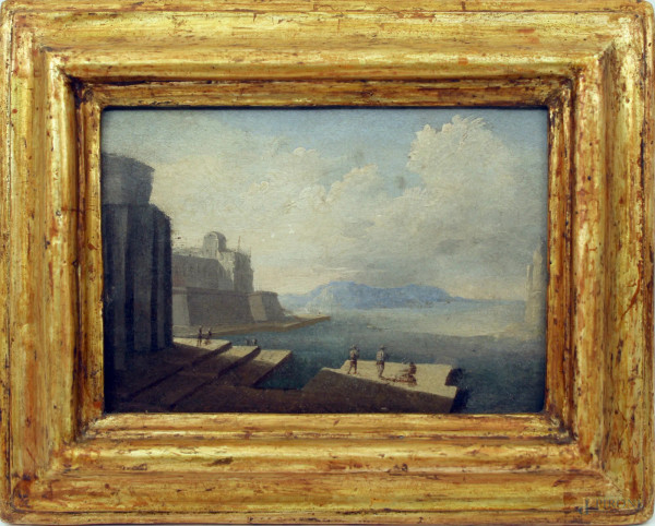 Paesaggio costiero, Scuola napoletana XVII - XVIII sec., olio su tavola, cm 14 x 20,5, entro cornice dorata a mecca.