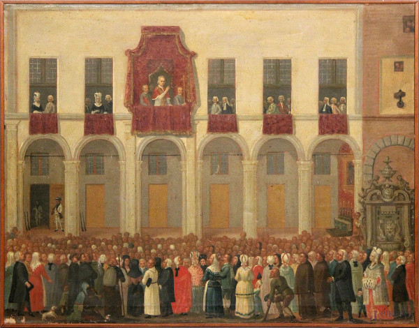 Benedizione alla folla di Papa Pio VI dal palazzo pubblico di Cesena, olio su tela 94x120 cm, scuola bolognese fine&#39;700.
