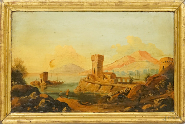 Paesaggio costiero con figure, olio su tavola, cm 28,5x43, XIX secolo, entro cornice.
