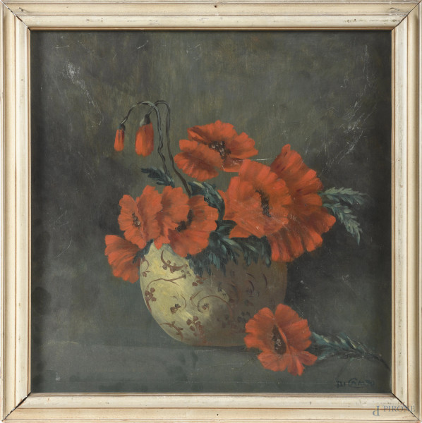 Natura morta di fiori, XX secolo, olio su tavoletta, cm 45x44,5, firmato in basso a destra, entro cornice, (segni di usura, supporto lievemente imbarcato, lievi cadute di colore, difetti)