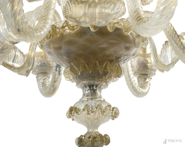 Lampadario in vetro di Murano a sei luci, XX secolo, cm 72x54 circa, (rotture, restauri e mancanz...