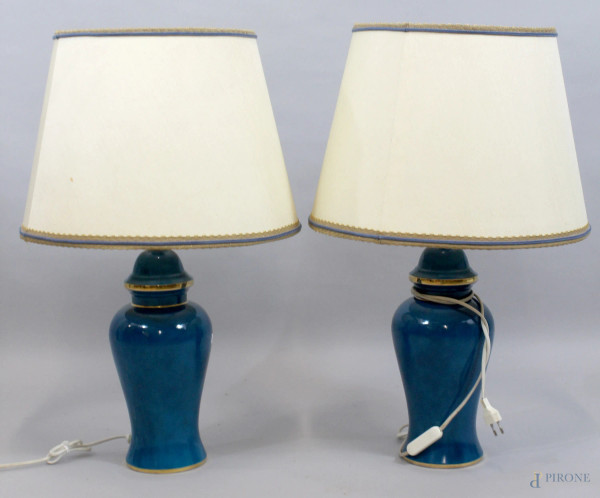 Coppia di lampade in ceramica color turchese, marcati, altezza cm. 60 