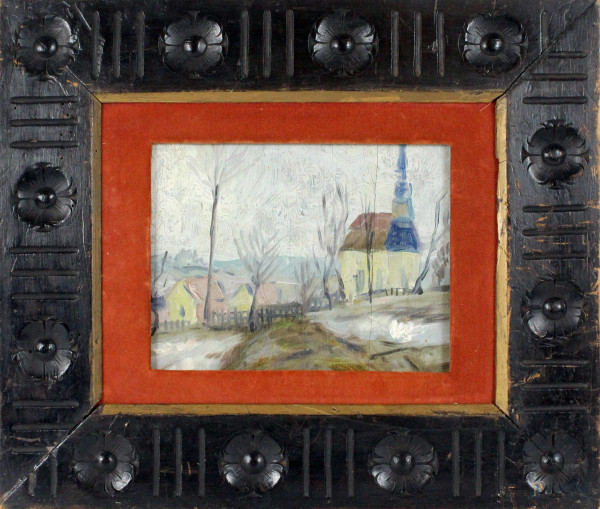 Pittore nord-europeo dei primi del &#39;900, Paesaggio con chiesa, olio su tavola, cm. 21x24,5, entro cornice.