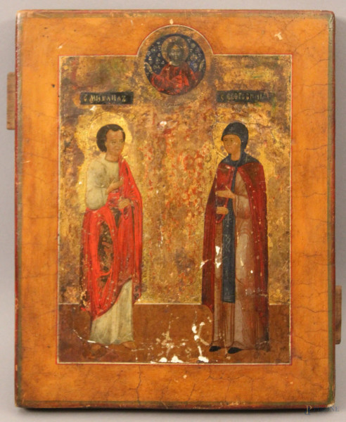 Icona raffigurante Santi, olio su tavola, Russia, XIX sec., cm 26,5x22.