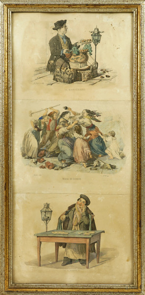 Lotto di tre stampe tratte da "Usi e costumi di Napoli e contorni descritti e dipinti" di Francesco de Bourcard, XIX secolo, cm 55x24 circa, entro cornice