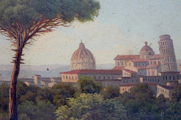 Anonimo, sec.XIX, Coppia di vedute (campagna pisana e campagna romana), olio su cartone ovale, cm...