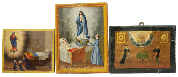 Tre dipinti ex-voto, olio su tavola, misure max cm 25,5x34, inizi XX secolo, (difetti).