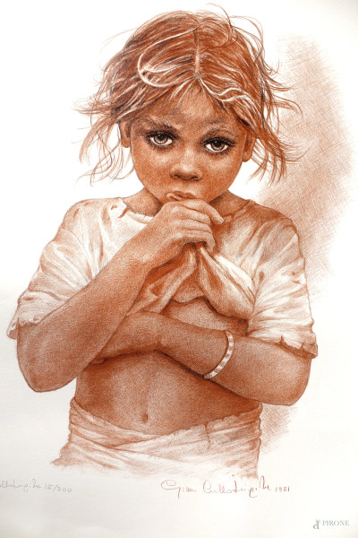 Gina Lollobrigida - Ritratto di bambina indiana, litografia a quattro colori, es. 15/200, cm 70x50.