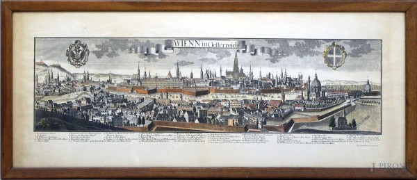 Veduta di Vienna, stampa acquerellata da Friedrich Bernhard Werner, cm 45x117,5, entro cornice.