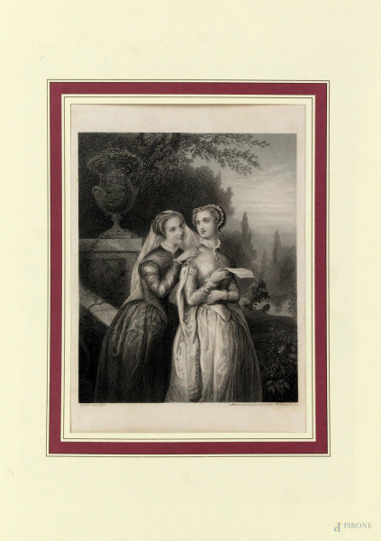 Wrankmore (1836-1858), La lettera d&#39;amore, incisione, cm.24x18, da un disegno di Heloise Leloix.