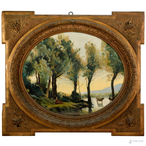 Oleografia raffigurante pastorella con armenti sulle sponde di un fiume, entro cornice in legno dorato, XX secolo, cm 61x76, (difetti)
