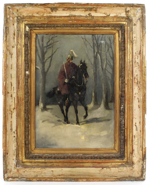 Ussaro, olio su tela, cm. 31x21, firmato, XIX secolo, entro cornice.