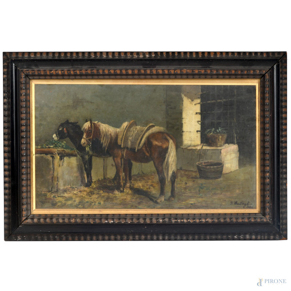 La stalla, XIX secolo, olio su tela, cm 31x54, firmato e datato "1880" in basso a destra, entro cornice