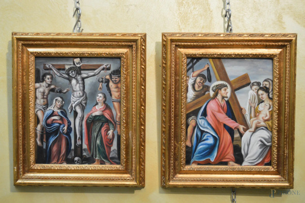 Lotto di due quadri a soggetti di via crucis, dipinti ad olio su rame, 20x25 cm.
