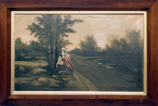 Paesaggio con figure, olio su tela, Francia, fine XIX sec., cm 60 x 100, entro cornice.
