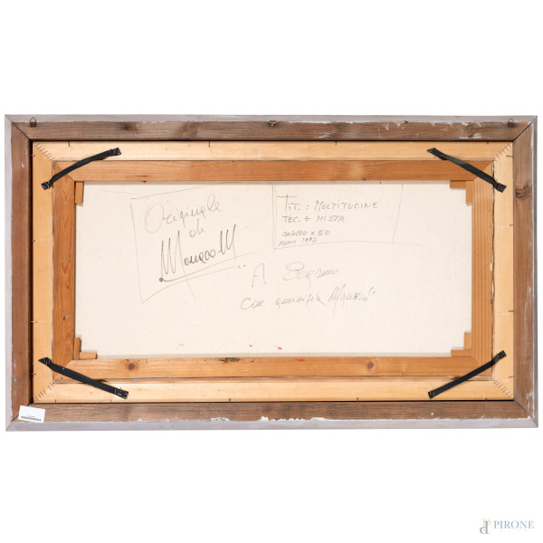 Maurizio Monaco, Moltitudine, 1994, tecnica mista su tela, cm 50x100, firmato in basso a destra; ...
