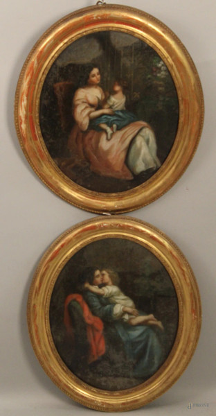 Maternità, coppia di dipinti ad assetto ovale, entro cornici dorate