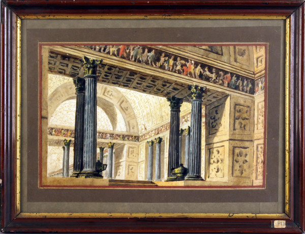 Interno di palazzo dell&#39;antica Roma,acquarello su carta ,19x29 XIXsec. Entro cornice.