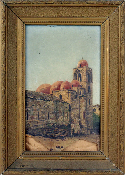 Chiesa di S.Giovanni degli Eremiti a Palermo, olio su cartoncino, cm 30,5x18,5, firmato, entro cornice, (difetti).
