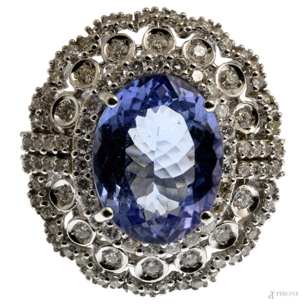 Anello in oro bianco con brillanti e tanzanite centrale, diamanti G color ct 1,9, Tanzanite ct 9,...