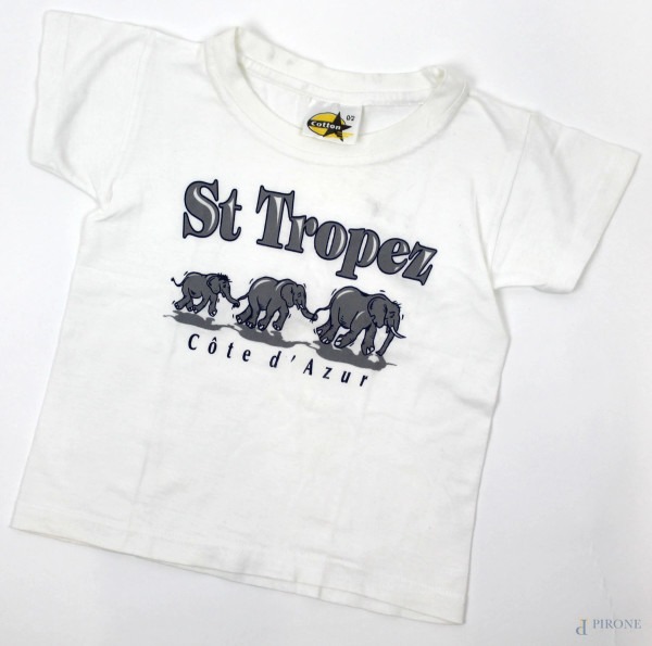 Cotton, maglietta bianca a maniche corte da bambino, scritta e stampa Saint Tropez, taglia 0-2 anni, (segni di utilizzo).