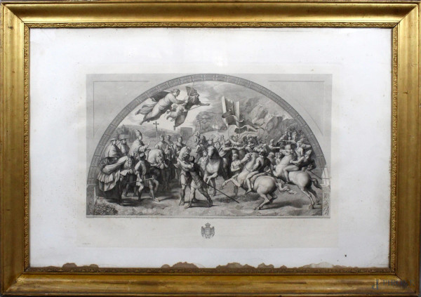 Filippo Severati - L’incontro tra Papa Leone Magno e Attila, incisione da Raffaello Sanzio, cm. 64,5x98,5 XIX secolo, (difetti).