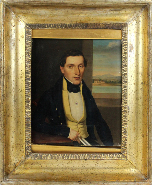 Pittore del XIX secolo, Ritratto di gentiluomo, olio su tela, cm.26x21, entro cornice.