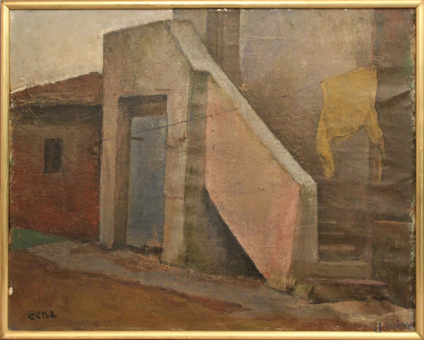 Gabriele Cena - Esterno di casa, olio su tela, cm 42 x 52, entro cornice.