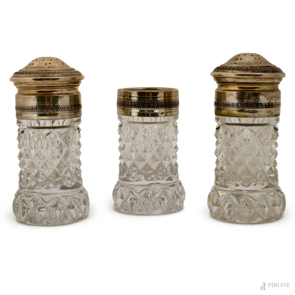 Set da tavola in argento e cristallo composto da sale, pepe e un porta stuzzicadenti, cm 11x5