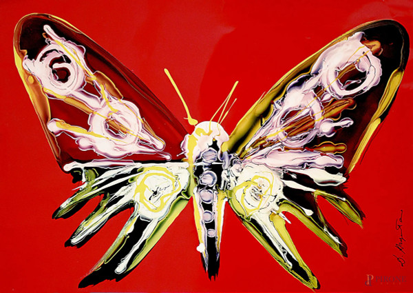 Artista del Novecento, Butterfly, tecnica mista e smalti su carta, cm 35x50, firmato.