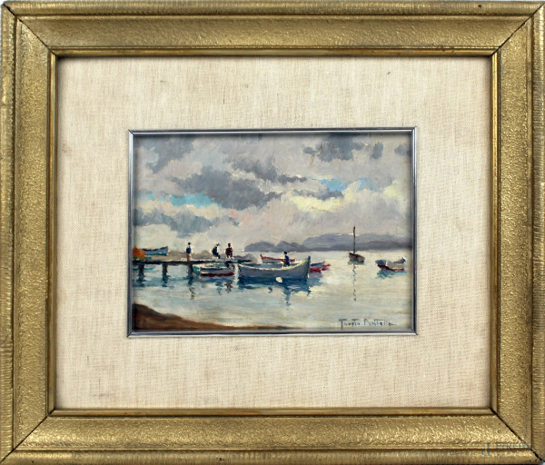 Marina con imbarcazioni, olio su tavola, cm. 13x18, firmato, entro cornice.