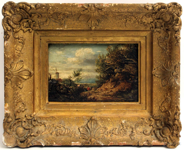 Paesaggio con figura, olio su tavola,cm. 12x18,  XIX sec, entro cornice.