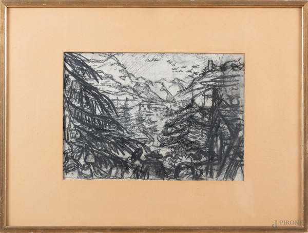 Luigi Bartolini (1892 – 1963), Paesaggio di Merano, carboncino su carta, cm 26x39, firmato in alto, entro passepartout e cornice, (segno di usura)