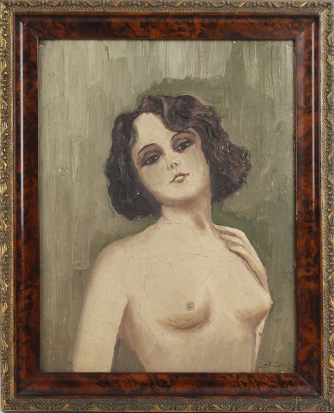 Ritratto di donna, dipinto polimaterico su cartoncino, cm 29x22, firmato, entro cornice