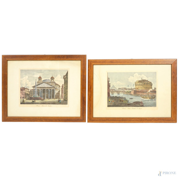 Lotto di due stampe acquerellate raffiguranti "Piazza del Pantheon" e "Il Ponte e Castel Sant'Angelo", A. Moschetti incisore, misura max cm 41,5x60