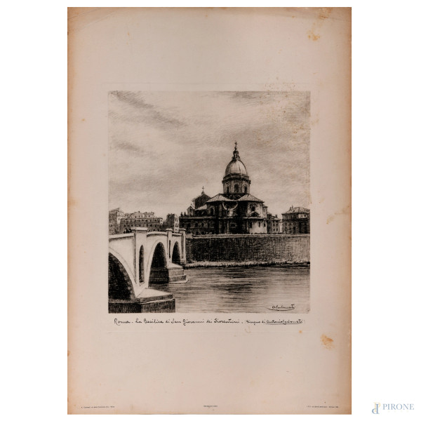 Lotto di due incisioni di Antonio Carbonati raffiguranti vedute di Roma, misure massime cm 42x29,5, (umidità, piegature, bruniture, difetti)