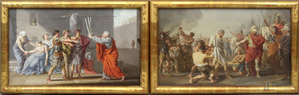 Pittore neoclassico del XIX secolo, coppia di dipinti raffiguranti il giuramento degli Orazi e scena biblica, gouache su tela, cm 36x61, entro cornici, (difetti)