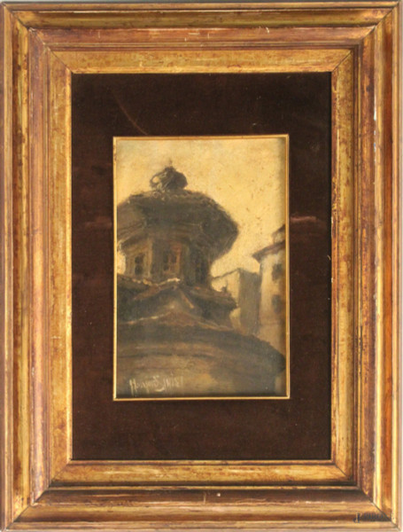 Scorcio di Milano, olio su tavola 25x17 cm, firmato Sinisi, entro cornice.