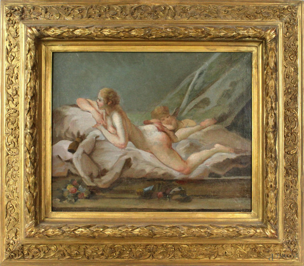 Francois Boucher (Parigi, 1703-1770), Seguace, Odalisca (Luise O' Murphy), olio su tela, cm 32,5x41, cornice del XIX secolo in legno e stucco dorato