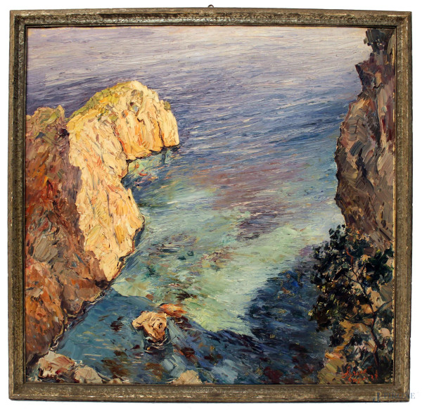 Matteo Sarno - Capri, olio su tela riportata su legno, cm 43 x 45, entro cornice.