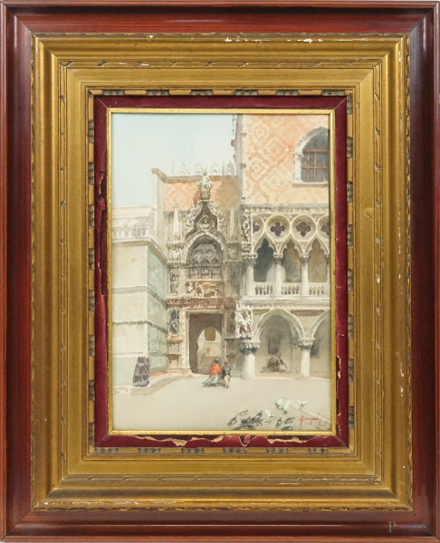 Emanuele Brugnoli - La Porta della Carta del Palazzo Ducale di Venezia, acquarello su carta applicata su cartone, cm 36,5x26, in cornice.