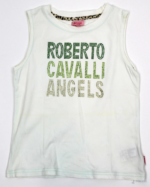 Roberto Cavalli, cannottiera da bambina bianca, dettagli maculati e scritta con strass verdi, taglia 9 anni, (segni di utilizzo).